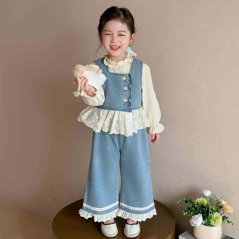 キッズ ジュニア 女の子 デニム セットアップ 春秋 韓国風 かわいい フリル レース 長袖 パンツ 普段使い 3点セット 綿混 ブルー ソフト カジュアル キャラクター