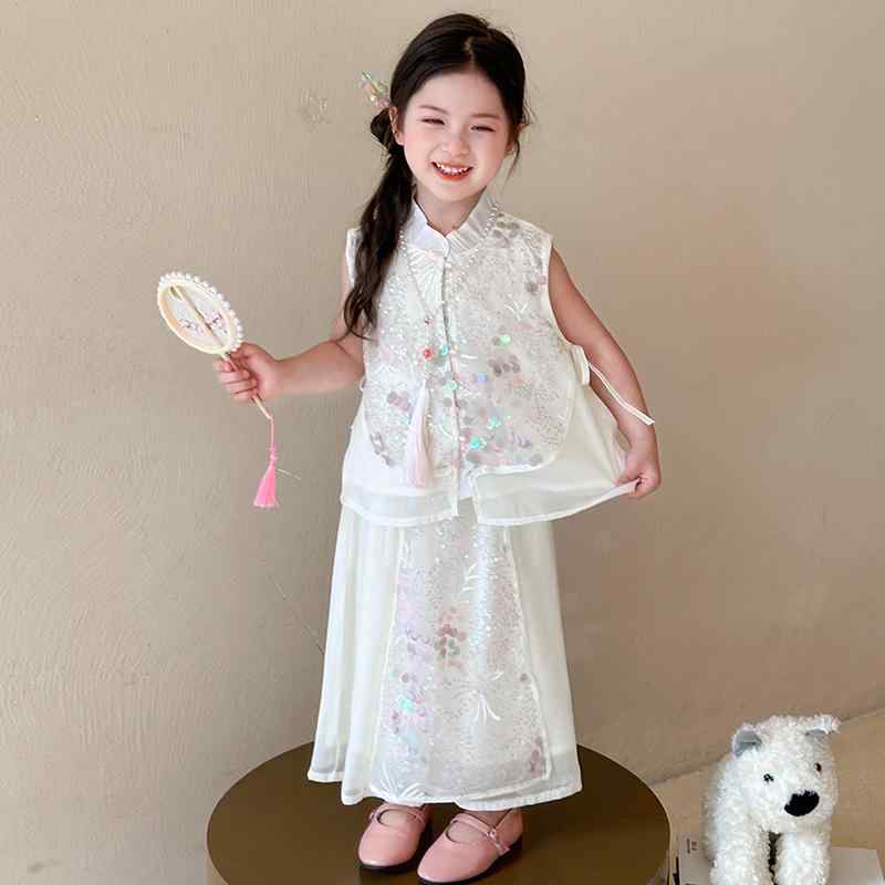 キッズ 女の子 セットアップ 新中国風 漢服 刺繍 ベスト スカート ツーピース 花柄 夏物 綿混 ポリエステル ノースリーブ Aライン お出かけ 普段着 イベント 発表会