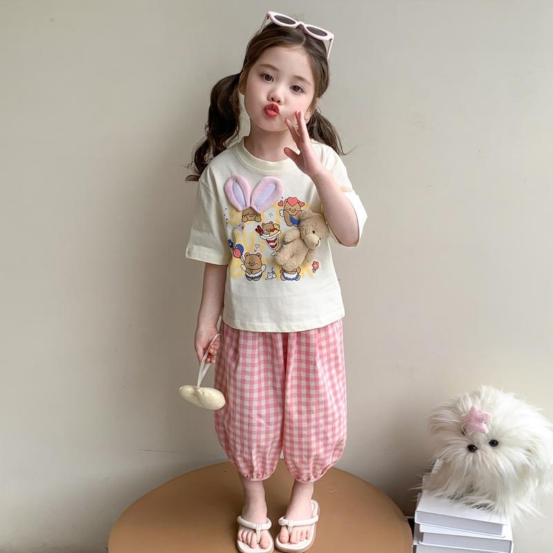 セットアップ 女の子 キッズ 子供 韓国風 立体くまTシャツ 半袖 チェック柄 ショートパンツ 2点セット 夏物 薄手 綿 カジュアル かわいい 普段使い ピンク