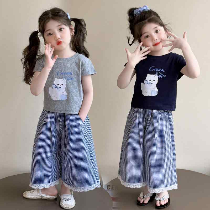 キッズ 女の子 セットアップ 春夏 猫 キャラクター 半袖 トップス チェック柄 ワイドパンツ 上下セット 韓国風 カジュアル 綿混 薄手 軽量 紺色 グレー 普段着