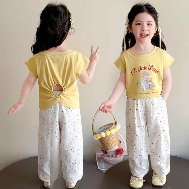 セットアップ キッズ 女の子 子供 韓国風 おしゃれ 夏 半袖 Tシャツ ドット柄 水玉模様 ショートパンツ 綿混 薄手 普段着 カジュアル 上下セット 2点セット 黄色