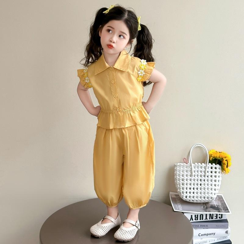セットアップ 女の子 キッズ 夏服 半袖 フリル袖 トップス 虫よけ ショートパンツ 綿混 薄手 ソフト おしゃれ かわいい カジュアル 韓国風 普段使い お出かけ 涼しい 快適 2点セット
