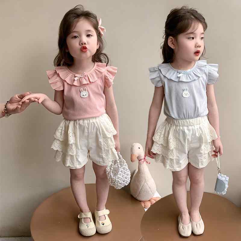 子供服 セットアップ キッズ 女の子 夏物 半袖 フリル トップス ショートパンツ 2点セット 綿混 薄手 かわいい 韓国風 カジュアル 柔らかな肌触り ブルー ピンク