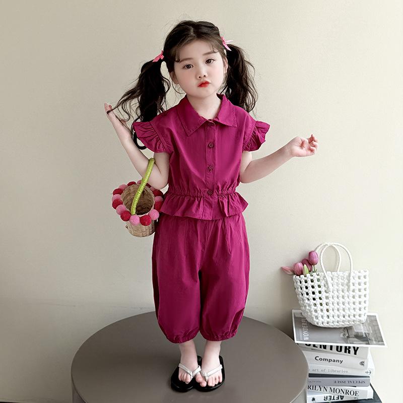 セットアップ ガールズ キッズ 子供服 夏 韓国風 おしゃれ パフスリーブ 半袖 トップス バルーン ショートパンツ 綿混紡 柔らかな 薄手 上下セット 普段使い 通園 カジュアル ジンジャーイエロー ダークプラム