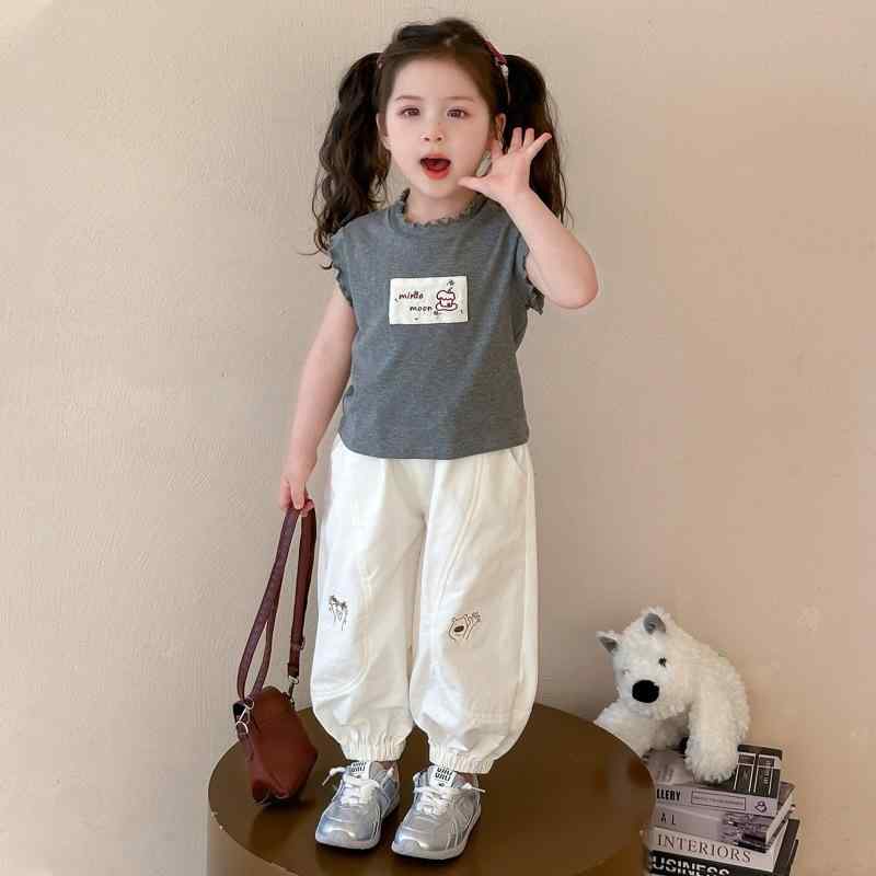 キッズ 子供服 女の子 韓国風 夏 綿 キャラクター ノースリーブ フリル Tシャツ ジョガーパンツ 裾絞り コットン 上下セット 普段使い 部屋着 ルームウェア 薄手 涼しい セットアップ 2点セット