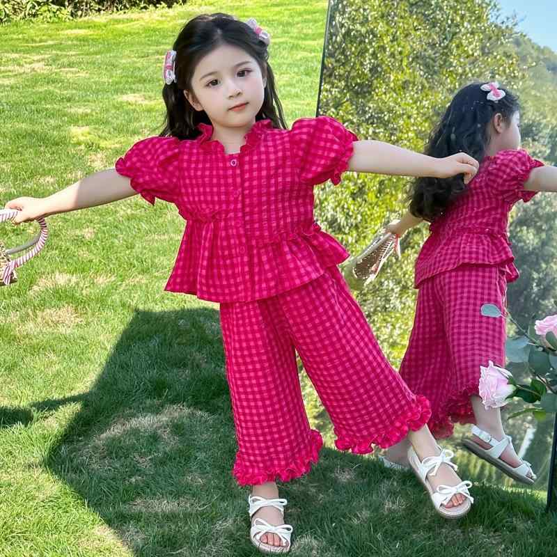 セットアップ 女の子 キッズ 夏 半袖 ショートパンツ チェック柄 韓国風 カジュアル 薄手 綿混 ピンク系 普段使い お出かけ 柔らか素材