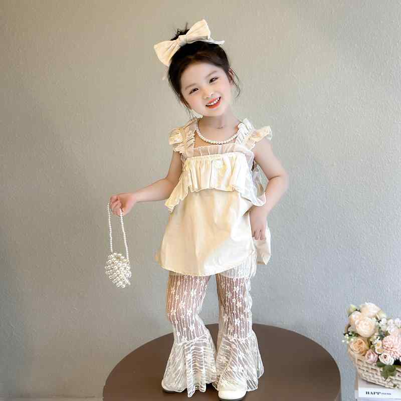 キッズ 子供服 女の子 ベビー レーススカート セットアップ 春夏 半袖 薄手 綿混 韓国風 プリンセス おしゃれ かわいい 2点セット アプリコット カジュアル お出かけ