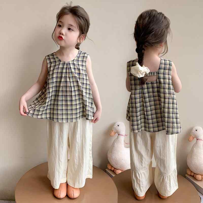 キッズ 子供服 女の子 韓国風 ノースリーブ ショートパンツ セットアップ 夏 普段使い お出かけ おしゃれ カジュアル チェック柄 薄手 綿混 快適 ソフトな肌触り