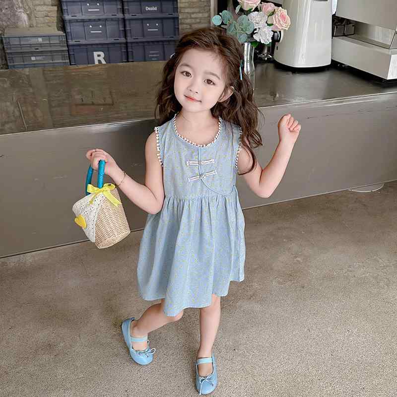 ワンピース 女の子 キッズ ベビー 子供 中国風 新中式 ノースリーブ プリンセスドレス かわいい 春夏 ポリエステル コットン エレガントブルー ふんわり お出かけ着