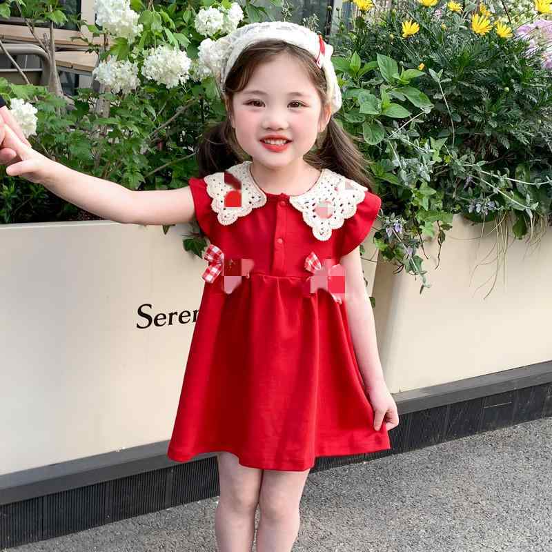 ワンピース 女の子 ベビー キッズ プリンセスドレス 普段使い お出かけ 発表会 かわいい おしゃれ 綿混 柔らかい 無地 半袖 赤 レッド 春夏