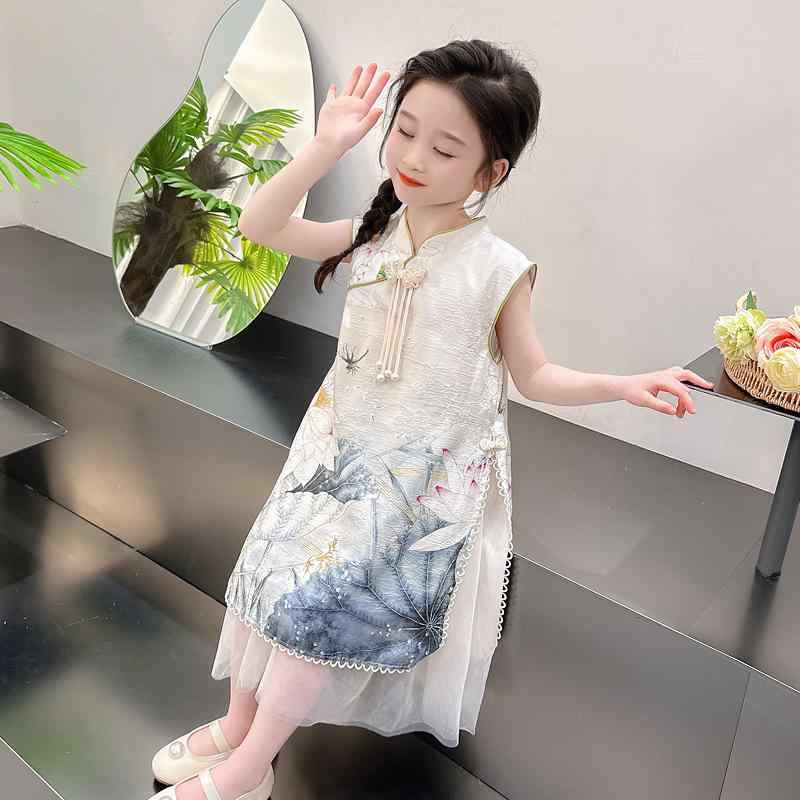 ワンピース 女の子 子供 キッズ チャイナドレス 漢服 夏 中国風 古風 花柄 綿混 薄手 柔らかい 白 普段使い イベント 発表会