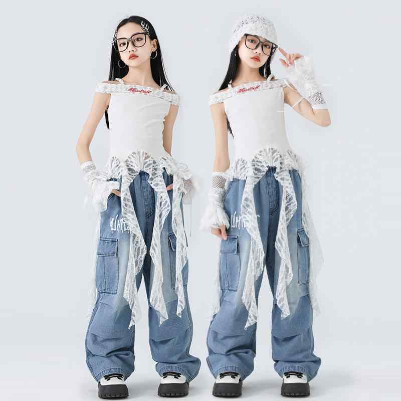 ダンス衣装 女の子 キッズ ジャズダンス ストリート ヒップホップ デニムパンツ セットアップ 上下セット ジーンズ トレンド おしゃれ クール 発表会 ステージ 夏物