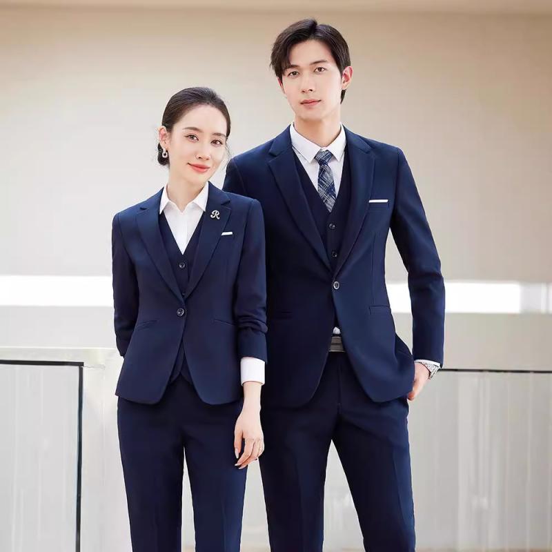 スーツ 男女兼用 ネイビー 紺色 スリーピース セットアップ ジャケット ベスト パンツ ビジネス フォーマル 通勤 オフィス 仕事用 化学繊維混紡 スリムフィット 春秋冬|花りぼん