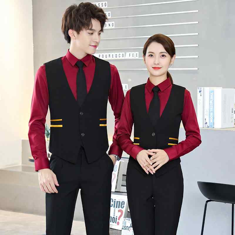 制服 男女兼用 ベスト セットアップ ホテル レストラン 飲食店 ウェイター ウェイトレス フロント 受付 事務服 接客 作業服 長袖 スクエアネック ポリエステル 混紡 防汚 防油