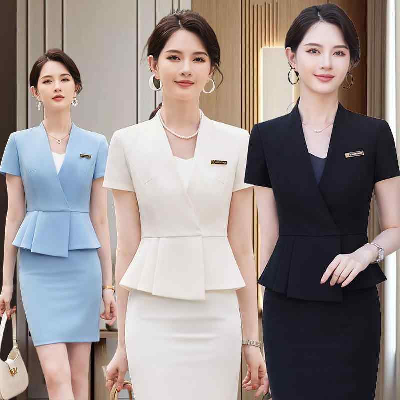 レディース スカートスーツ セットアップ ビジネス オフィス フォーマル OL 通勤 事務服 制服 半袖 春夏 ミディ丈 エレガント 高級感 ポリエステル レーヨン ブラック ホワイト ブルー