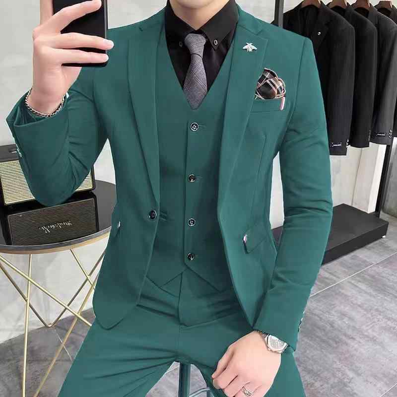 スーツ メンズ おしゃれ スタイリッシュ 韓国風 スリムフィット トレンド スリーピース フォーマル 綿混 ビジネス 結婚式 パーティー 3点セット｜花りぼん