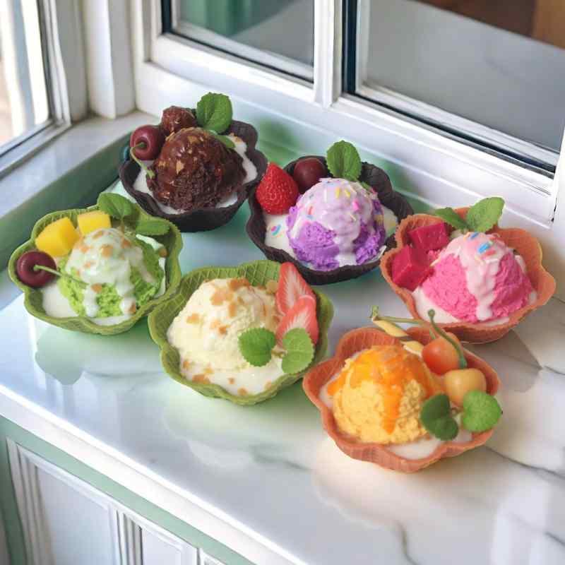 食品サンプル ワッフル アイスクリーム カップ 精巧 リアル ディスプレイ 撮影 小道具 ショーケース 装飾 PVC製 冷蔵庫 マグネット 6個セット インテリア 置き物