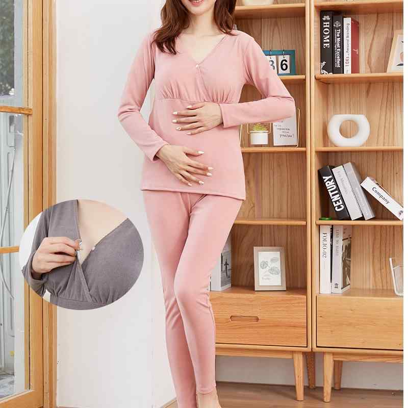 授乳服 マタニティ レディース 秋冬 裏起毛 両面保温 カップ付き ブラ要らず クロス授乳 ルームウェア パジャマ 上下セット 長袖 ロングパンツ