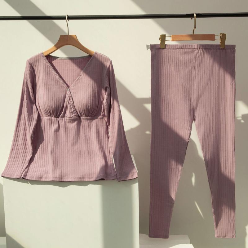 授乳服 レディース マタニティウェア 秋冬 綿 コットン リブ クロス カップ付き 大きいサイズ ゆったり ルームウェア 部屋着 上下セット セットアップ