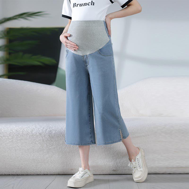 レディース マタニティパンツ ワイドデニムパンツ 七分丈 クロップド丈 再生繊維 ポリエステル ストレッチ 腹部サポート 薄手 軽量 ゆったり 大きいサイズ プラスサイズ カジュアル リラックス 春夏 ブルー