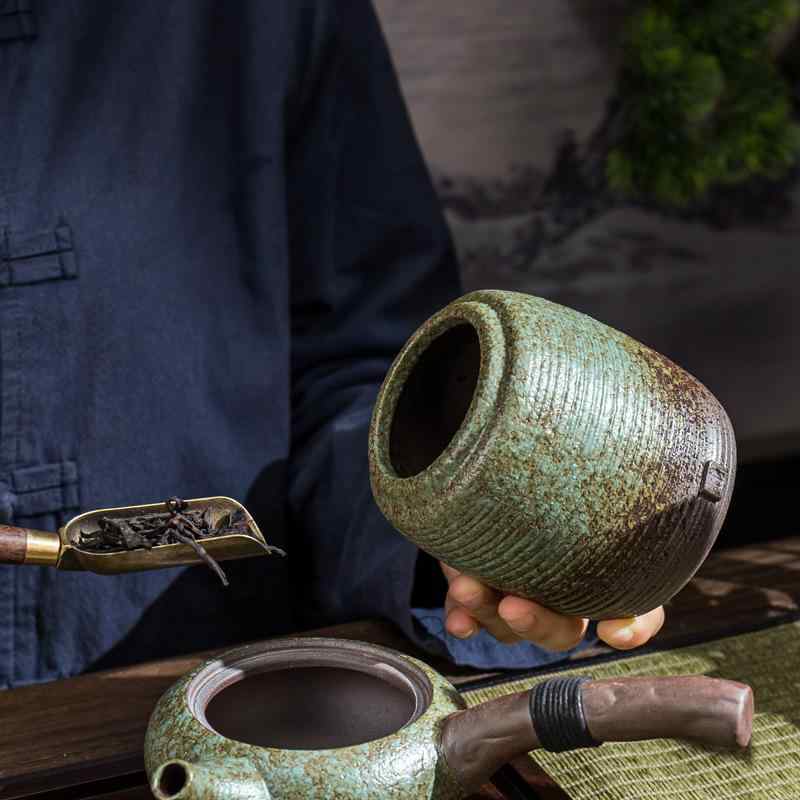 茶道六君子セット 和風 レトロ 粗陶器 天然木 紐巻き 筒付き 中国茶器 陶磁器製 グリーン ブラック 茶道具 お茶会 普段使い 茶器セット