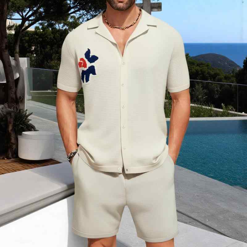 ニットセットアップ メンズ オープンカラー 半袖 ショートパンツ 上下セット 夏 普段使い カジュアル ストリート ルームウェア ポリエステル ベージュ