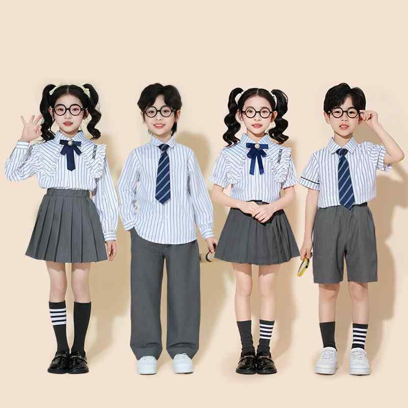 キッズ 小学生 幼稚園 男女兼用 発表会 運動会 合唱 卒業式 入学式 イベント スクール ユニフォーム 衣装 コスチューム 半袖 ストライプ シャツ ショートパンツ プリーツスカート フリルスカート コットン 白 グレー