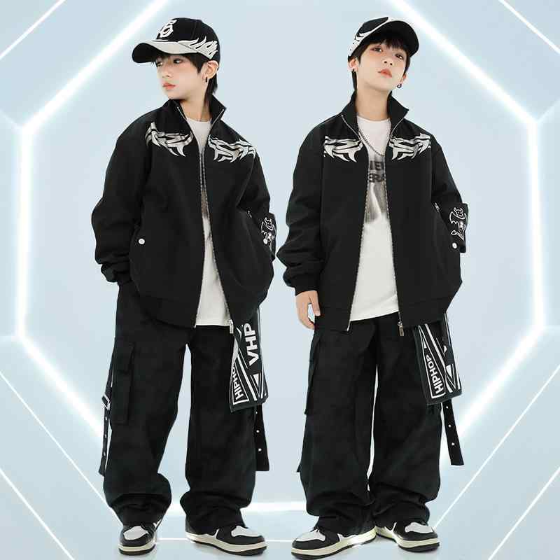 キッズ ダンス衣装 秋冬 ヒップホップ ストリート系 ベスト セットアップ 女の子 男の子 男女兼用 ジャズダンス 発表会 舞台 ポリエステル ブラック カーゴパンツ