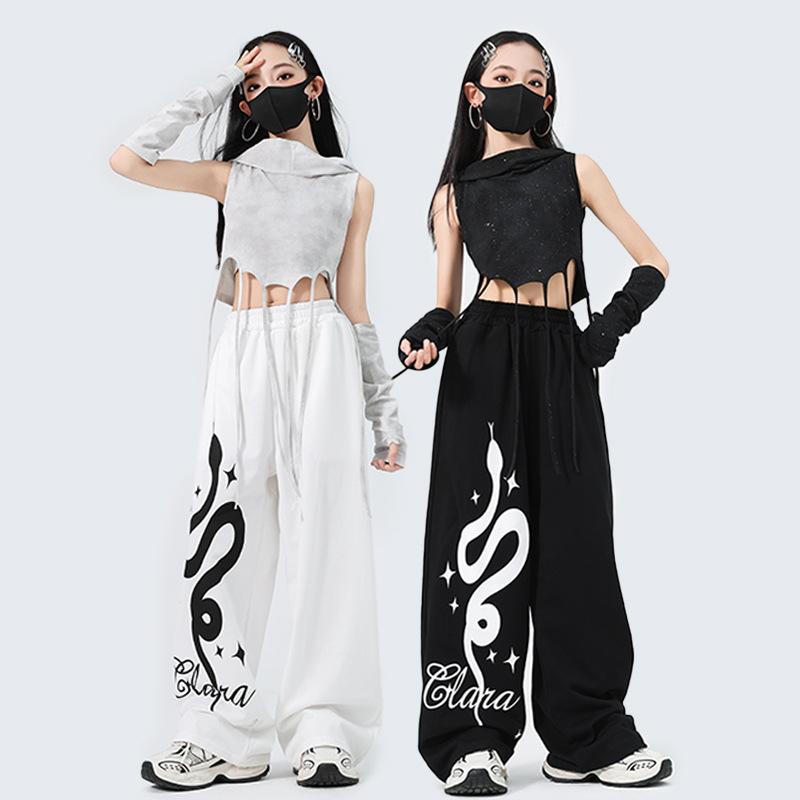 ダンス衣装 キッズ 女の子 ガールズ ジャズダンス ストリート ヒップホップ 発表会 ステージ 練習着 レッスン着 クロップド丈 へそ出し 上下セットアップ ポリエステル 速乾 伸縮性 黒 ブラック