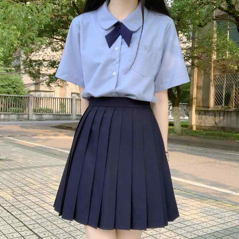 JK制服 レディース ベーシック 無地 半袖 シャツ プリーツスカート セットアップ ブラック 日本風 スクール 通学 普段使い ミニ丈 ポリエステル 春夏