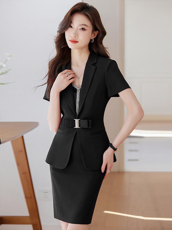 スーツ レディース セットアップ オフィス ビジネス 通勤 事務服 受付 美容院 エステ 制服 ユニフォーム フォーマル 上品 エレガント 春夏 ポリエステル ストレッチ 黒 赤 白 オレンジ