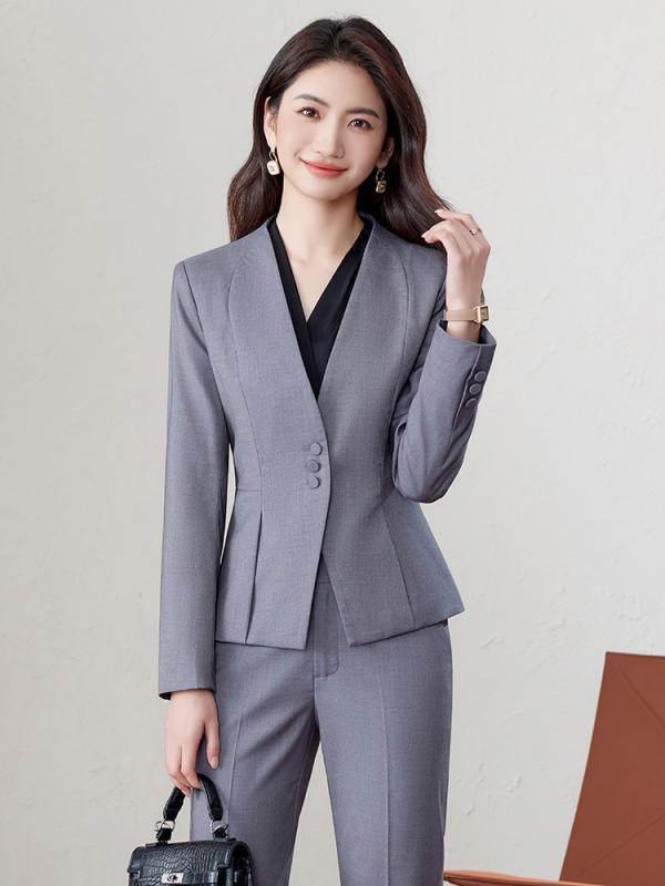 スーツ レディース 春秋 ノーカラー ジャケット セットアップ ビジネス オフィス フォーマル 制服 事務服 通勤 OL 黒 紺 グレー ポリエステル 長袖