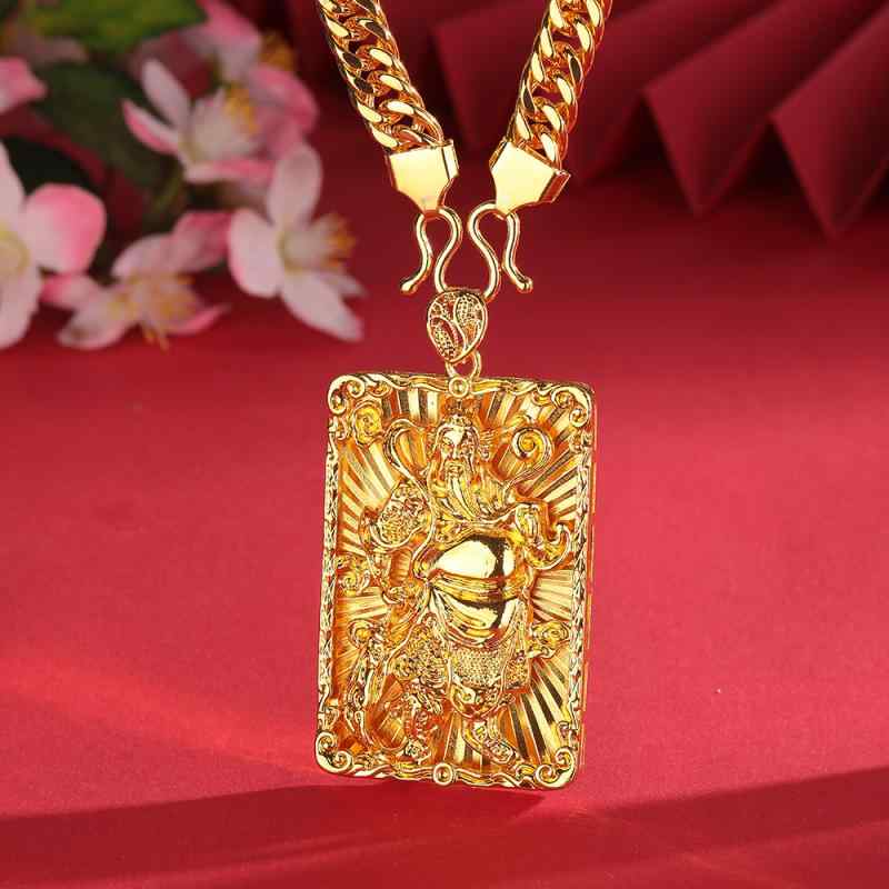 ペンダント ネックレス メンズ 関羽 財神 プレート キューバンチェーン 金メッキ チタン鋼製 中国風 レトロモダン 迫力 お守り
