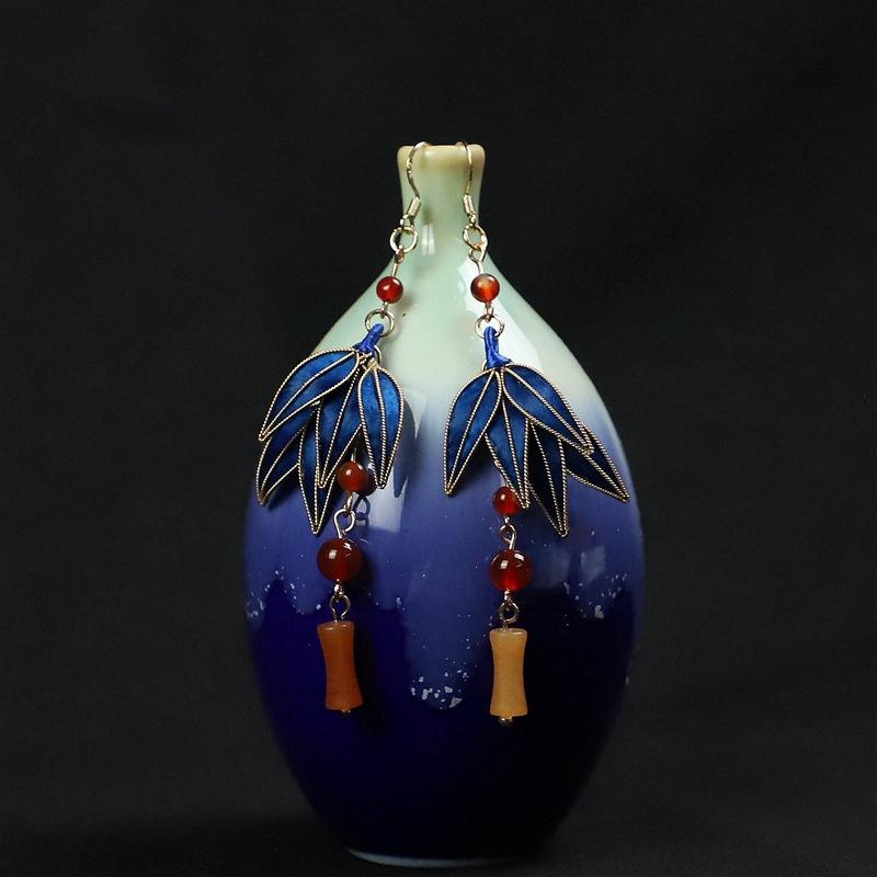 イヤリング レディース 手作り ハンドメイド 伝統工芸 ベルベット花 翡翠風 竹の葉モチーフ チャイナドレス 漢服 和装 古風 中華風 普段使い カジュアル