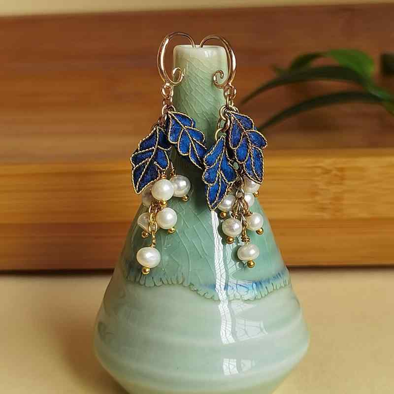 イヤリング レディース 伝統工芸 フィリグリー ベルベットフラワー シルク ハンドメイド 瑠璃色 葉 タッセル チャイナドレス 漢服 和装 レトロ 普段使い エスニック