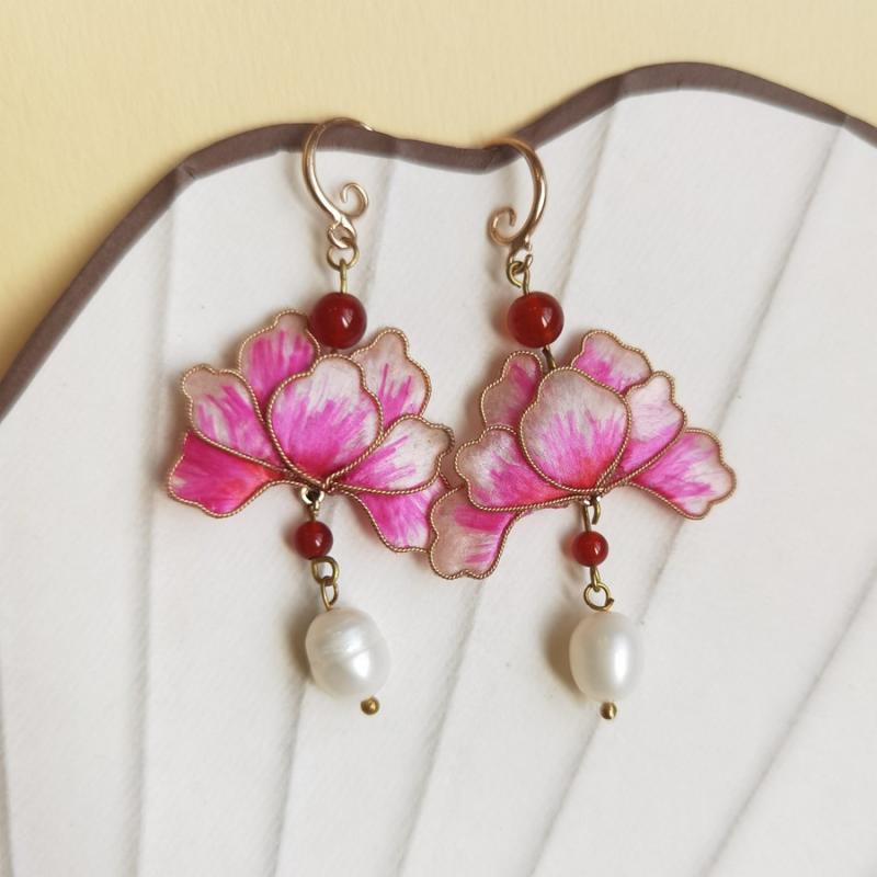 ピアス レディース ハンドメイド 伝統工芸 絹花 シルク エメラルドグリーン風 レトロ クラシカル 中国風 エレガント 吉祥モチーフ ブルー ピンク