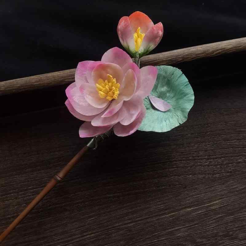 かんざし 中国風 蓮の花 絨花 絹 シルク 竹製 古風 レトロ アンティーク調 ぶよう 髪飾り 漢服 舞台 衣装 イベント用 ピンク ヘアアクセサリー