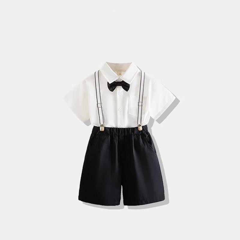 子供服 男の子 フォーマルスーツ サスペンダーパンツ セットアップ 英国風 ブリティッシュスタイル 結婚式 発表会 演奏会 ステージ衣装 フラワーボーイ リングボーイ 綿 コットン 半袖 蝶ネクタイ付き かわいい