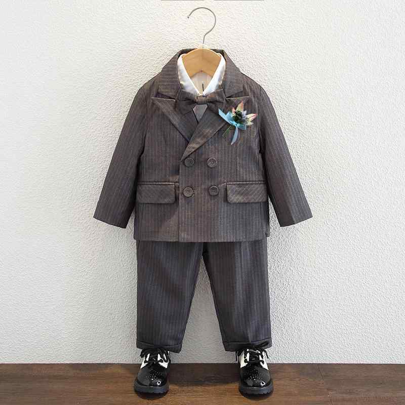 キッズ 男の子 フォーマルスーツ 発表会 ピアノ 演奏会 結婚式 入学式 卒業式 七五三 セレモニー 礼服 秋冬 韓国風 ダブルブレスト グレー ストライプ ポリエステル セットアップ 長袖