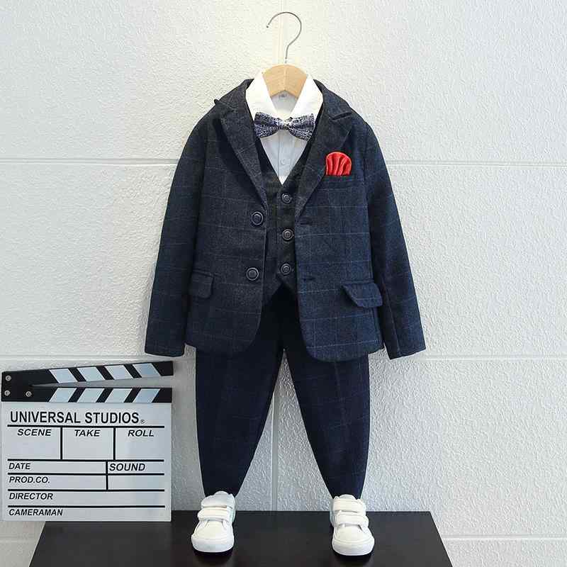 フォーマルスーツ 男の子 キッズ 冬用 裏起毛 チェック柄 シングルボタン ジャケット Vネック ミドル丈 イギリス風 礼服 結婚式 発表会 七五三 入学式 ポリエステル