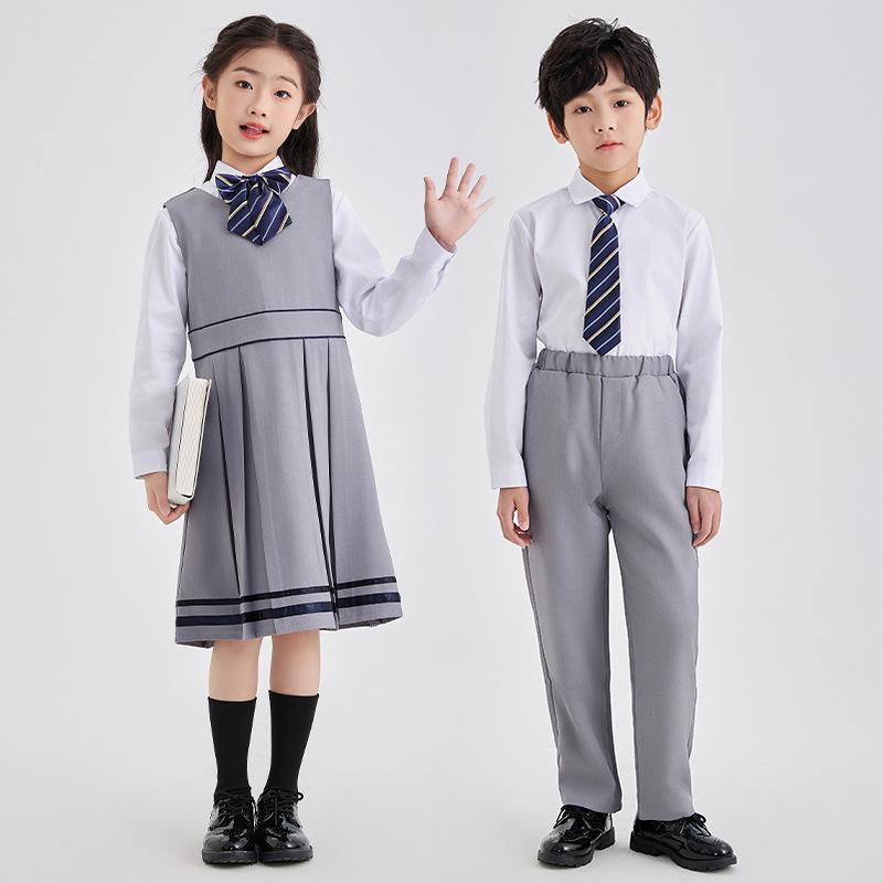 キッズ フォーマル スクールウェア 小学生 男女兼用 白シャツ ベスト グレーパンツ ワンピース セットアップ 卒業式 入学式 発表会 演奏会 写真撮影 春夏秋 ポリエステル 柔らか素材