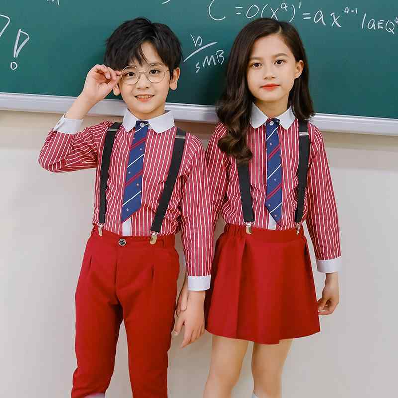 制服 キッズ 男女兼用 幼稚園 小学生 スクール フォーマル ブリティッシュ 英国風 学院風 長袖 ストライプ柄 シャツ サロペット オーバーオール パンツ セットアップ 春夏秋 綿混 ポリエステル
