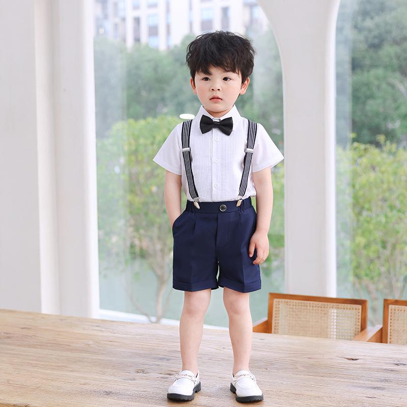 男の子 キッズ フォーマルスーツ サスペンダーパンツ セットアップ 夏 半袖 短パン 発表会 結婚式 七五三 入学式 卒業式 パーティー ポリエステル 無地 プリーツシャツ 蝶ネクタイ