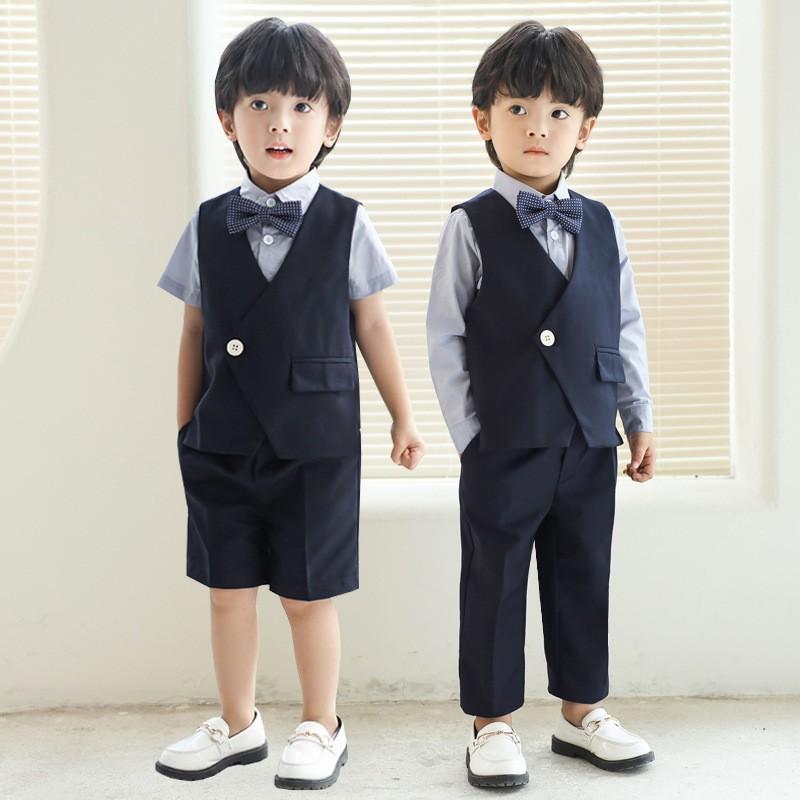 フォーマルスーツ 男の子 キッズ ベビー ベストスーツ サスペンダー付きパンツ セットアップ 結婚式 発表会 七五三 誕生日 記念日 無地 ジレ 長ズボン 半ズボン ポリエステル 紺色