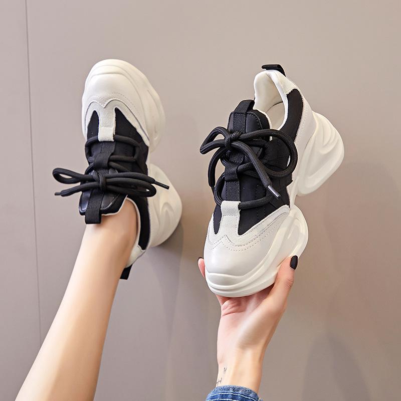 スニーカー レディース 厚底 インヒール ダッドシューズ 本革 牛革 ラウンドトゥ メッシュ 通気性 保温性 耐久性 軽量 レースアップ カジュアル プラットフォーム 春秋 ブラック オフホワイト ベージュ 無地