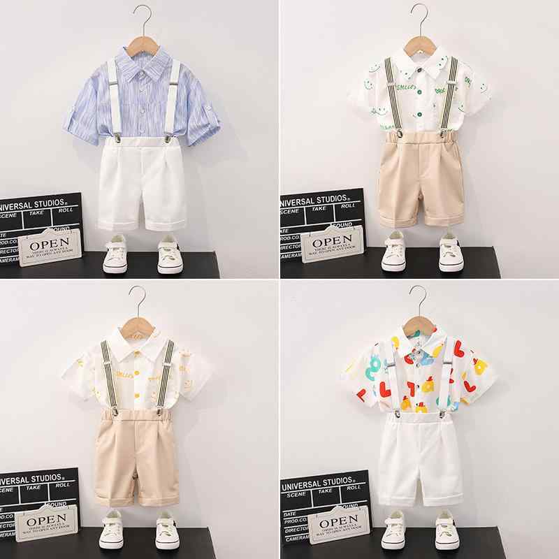キッズ 男の子 セットアップ 半袖 シャツ ショートパンツ サスペンダー付き 花柄 ハート柄 グリーン イエロー 夏 カジュアル 普段使い お出かけ ビーチ リゾート ポリエステル 化繊混紡 柔らかい