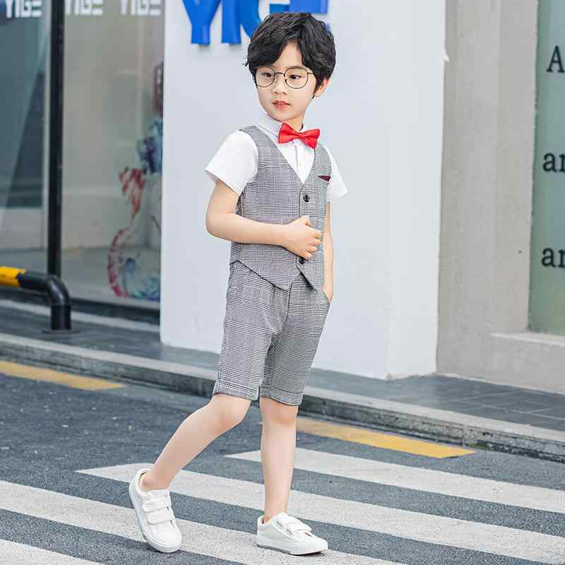 キッズ 男の子 セットアップ 半袖 ベスト 短パン スリーピース グレー チェック柄 紳士風 ピアノ発表会 演奏会 フォーマル セレモニー 結婚式 七五三 入学式 卒業式 春夏 綿混 薄手