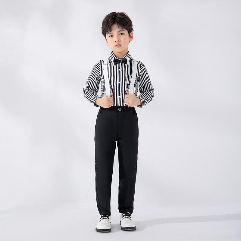 キッズ 男の子 フォーマル セットアップ スーツ ストライプ 長袖シャツ サスペンダーパンツ 長ズボン 結婚式 発表会 七五三 入学式 記念撮影 誕生日 パーティー 演奏会 ポリエステル 春夏