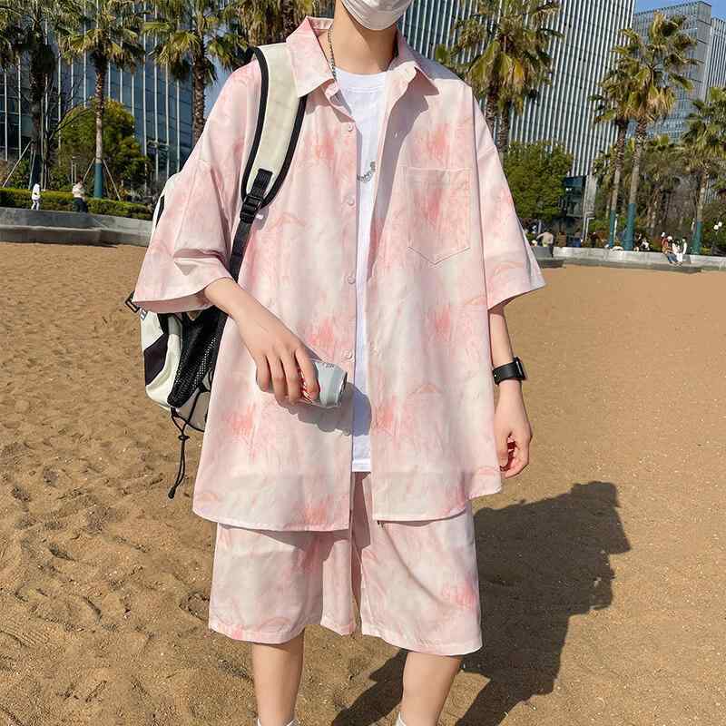 シャツ メンズ 春夏 半袖 セットアップ プリント 切り替え スタンドカラー リネン ゆったり ビッグシルエット イージーケア 吸湿速乾 カジュアル 普段使い レトロ 白 グリーン ピンク