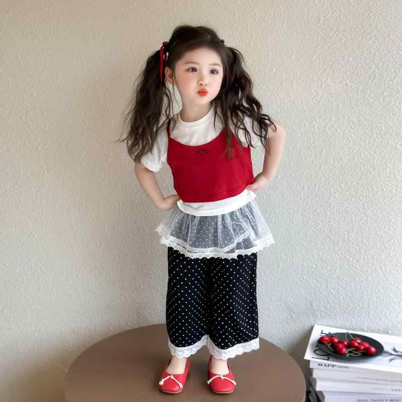 セットアップ 女の子 ガールズ 半袖 赤 キャミソール 水玉 ドット レース フリル ワイドパンツ ロングパンツ 3点セット 綿 コットン 韓国風 カジュアル かわいい 春夏